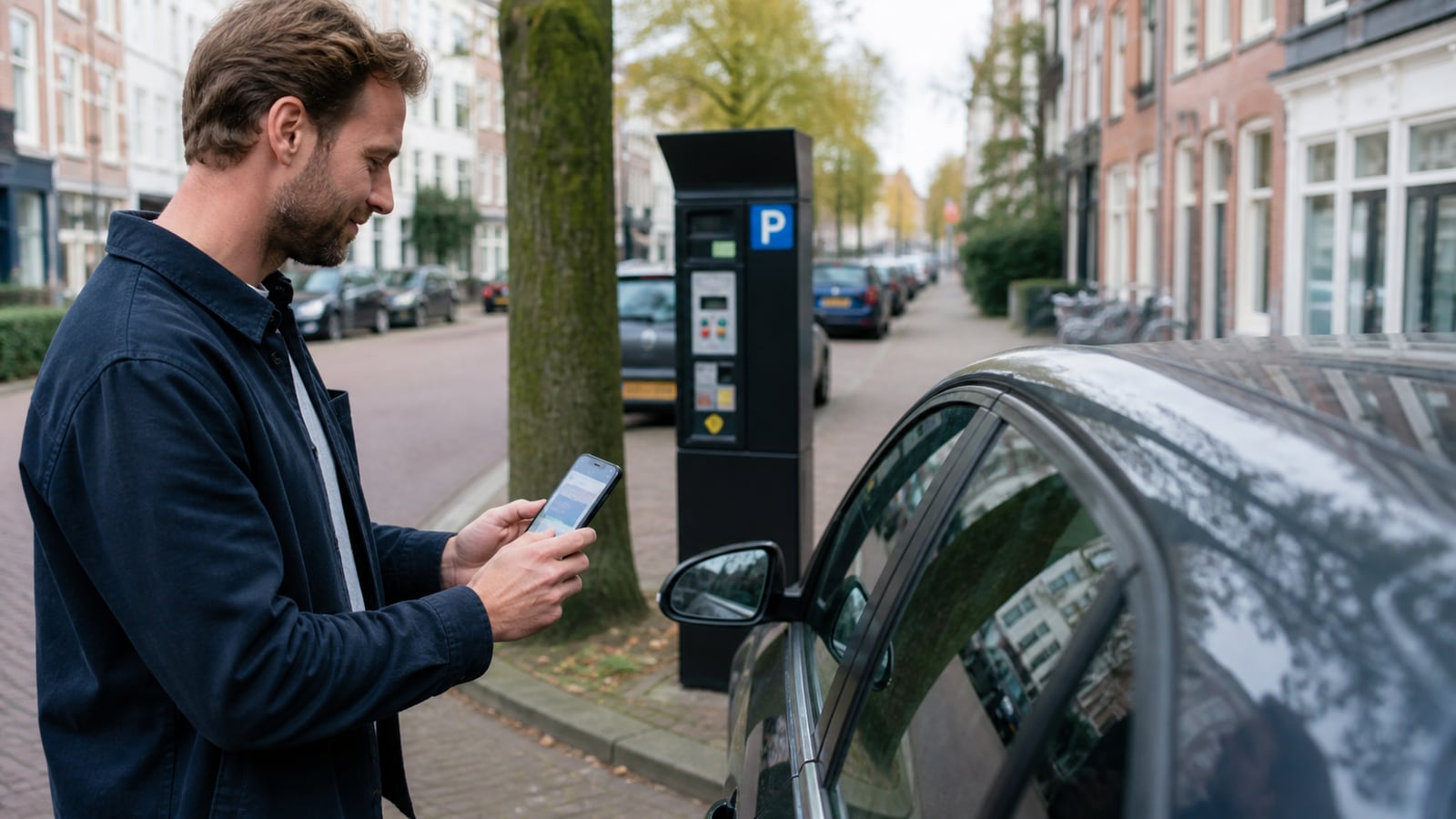 Bestuurder controleert naast zijn geparkeerde auto de parkeerapp